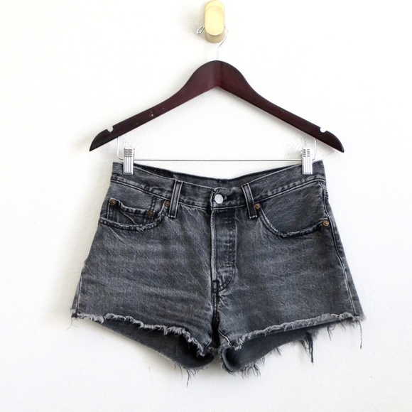 LEVI'S 501 Jean Shorts Button Fly Distressed Off Black SZ 26 - Picture 2 of 12
